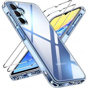 CAUC-Anti-Jaunissement HD Clair Coque pour Samsung Galaxy A15 4G / A15 5G avec 2 Pi&egrave;ces Verre Tremp&eacute;, [Protection Militaire] Transparente &Eacute;tui de Protection Antichoc Mince Bumper Housse - Neuf