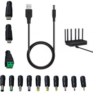 JGD-C&acirc;ble Alimentation 5V USB 2.0 vers DC Universel, 13 Connecteurs Interchangeables Dont Type-C et Cable Mini USB, C&acirc;ble Charge Durable 1m Cuivre Pur pour Routeur, Haut-Parleur(1M Noir) - Neuf