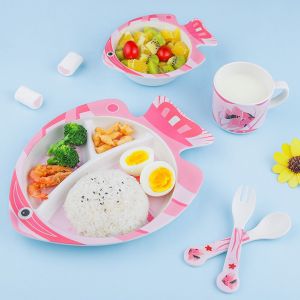 Assiette A Nourriture Pour Bebe, Motif Poisson, Dessin Anime, Fourchette, Cuillere, Tasse, Ensemble De Vaisselle (Rose) - Neuf