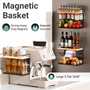 Étagère Magnétique Pour Réfrigérateur Avec Couvercle En Bois,Bacs De Rangement Pour Pommes De Terre Et Oignons,Grand Récipient Magnétique Pour Cuisine,Comptoir,Outils,Collation (Noir) - Neuf