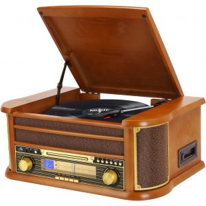 Platine Vinyle Sans Fil Bluetooth À 3 Vitesses Avec Haut-Parleurs Stéréo Intégrés,Phénographe Radio Am/Fm Avec Prise 3.5Mm,Cd/Cassette,Aux-In/Rca-Out,Lecture Usb - Neuf