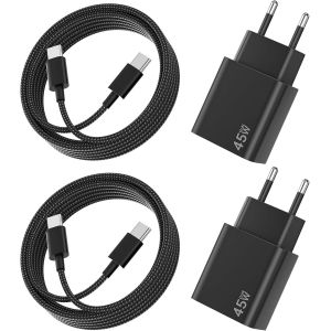 2Pack Chargeur USB C 45W Chargeur pour Samsung Charge Rapide avec 2M C&acirc;ble Type-C, Alimentation Prise USB C Adapteur Chargeur pour Galaxy S25/S24/S23/S22/S21/Note20, pour iPhone 17/16/15 - Noir - Neuf