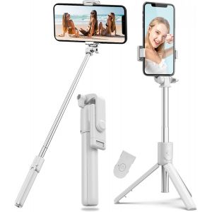 KALANKA-Perche Selfie Tr&eacute;pied Selfie Stick,4en1 Perche Bluetooth Tr&eacute;pied B&acirc;ton Selfie Bluetooth Extensible T&eacute;lescopique Monopode R&eacute;glable avec T&eacute;l&eacute;commande Amovible&Support Stable (Blanc) - Neuf