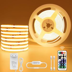 Ruban Led Cob Blanc Chaud, Band Led Cob 3000k Dimmable 24v, Bandeau Led Avec Alimentation Et T&eacute;l&eacute;commande, Ruban Lumineuse Autocollant Ip44 Etanche, Bandes Lumineuses Pour Tv, Cuisines, Armoires - Neuf