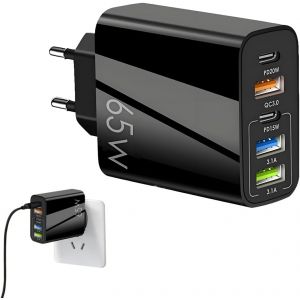 KALANKA-Chargeur USB C 65W 5 Ports, USB Multiple Prise Chargeur Rapide avec 2 USB C + 2 USB + 1 QC 3.0, Type C Fast Charger Universel, Compatible avec Smartphone, Tablettes, Batteries Externes - Neuf