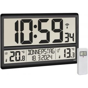 TFA Dostmann Horloge numérique XL, 60.4521.01, Jour de Semaine en français, avec température extérieure/intérieure, Grande Horloge radiopilotée avec fuseaux horaires, Noire - Neuf