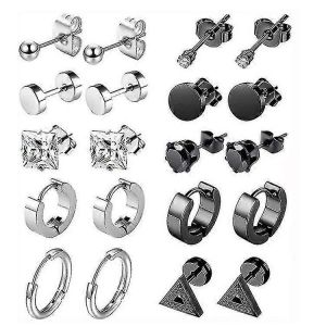 10 Paires De Boucles D'oreilles Pour Hommes Black Stud Earrings Boucles D'oreilles Pour Hommes Black Hoop Earrings Boucles D'oreilles En Acier Inoxydable Set Bijoux Piercings Ay - Neuf
