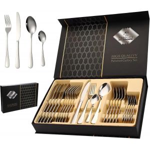 Checarzhn--No1-Ménagère 24 Pièces Pour 6 Personnes En Acier Inoxydable Avec Coffret Cadeau, Finition Miroir, Pour Famille, Fête, Hôtel, Restaurant, Idéal Comme Cadeau-Passe Au Lave-Vaisselleménagère 24 Pièces Pour 6 - Neuf