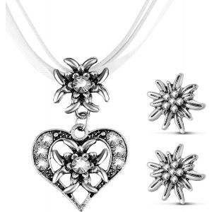 Kal-3 Pcs Set De Bijoux D'edelweiss Fantaisie Bijoux De Dirndl Bavarois Collier D'edelweiss Strass Avec Pendentif C?ur Boucles D'oreilles D'edelweiß Pour Fête De Bière Traditionnelle - Neuf
