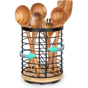 Jexnovashop-Porte-Ustensiles De Cuisine, Rotatif, En Acier Inoxydable + Base En Bois, Respirant Et Facile &Agrave; S&eacute;cher, Grand Porte-Ustensiles Pour La Cuisine, Noir - Neuf