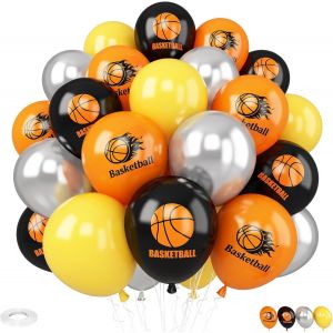Sjzg-Lot De 30 Ballons De Basket-Ball En Latex Imprim&eacute; Pour F&ecirc;te Sur Le Th&egrave;me Du Sport, D&eacute;corations D'anniversaire De Gar&ccedil;ons - 30,5 Cm - Orange/Noir/Argent&eacute; M&eacute;tallis&eacute; - Neuf