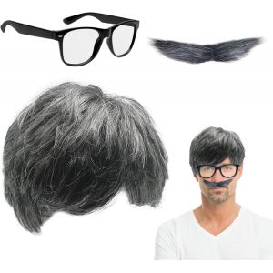 Kalanka-3 Pi&egrave;ces Ensemble De Perruque De Grand P&egrave;re Moustache Lunette Perruque Homme Old Man Perruque Gris Accessoires Costume Homme Perruque D&eacute;guisement Pour Halloween Carnaval F&ecirc;tes Cosplay(3 Pcs) - Neuf