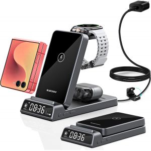 Chargeur Sans Fil Pour Station De Recharge Samsung Avec Clock Pour Samsung Galaxy Z Flip 7/Fold 6/Bud 3, Chargeur De Montre Pour Galaxy Watch 8/7/6, Station De Recharge Sans Fil Pliable 3 En 1 - Neuf