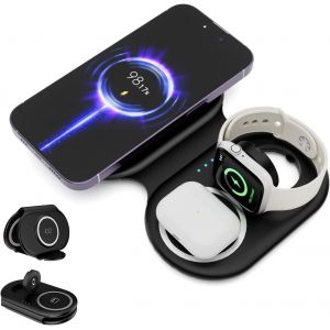 Ayu-3 En 1 Chargeur Sans Fil Pour Appareils Apple Multiples, Station De Charge Magnétique Pliable, Charge De Voyage Pour Iphone 15/14/13, Airpods 3/2/Pro/Pro2, Iwatch(Adaptateur Inclus) Noir - Neuf