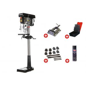 Perceuse &agrave; colonne professionnelle jusque &oslash; 20 mm CM2 600W 230V + &eacute;tau de per&ccedil;age jeu de boulons jeu m&ecirc;ches a&eacute;rosol Torros DF20M PACK - Neuf