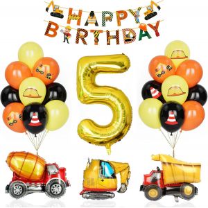 5 Year Old Boy Birthday Decoration, Tractor Balloons With Number 5, Construction Worker Construction Construction Worker, Happy Birthday Banner - Neuf