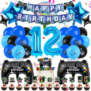 Cauc-Decoration Anniversaire Jeu Vid&eacute;o 12 Ans Garcon,56pcs Kit De D&eacute;coration D'anniversaire De Joueur Pour Gar&ccedil;ons,Kit De D&eacute;coration De F&ecirc;te D'anniversaire Game, Pour F&ecirc;tes Th&egrave;me Jeu Pour Gar&ccedil;ons - Neuf