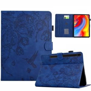 &Eacute;tui en cuir intelligent emboss&eacute; avec fleurs et oiseaux pour Samsung Galaxy Tab S7 / S8, Bleu fonc&eacute; - Neuf