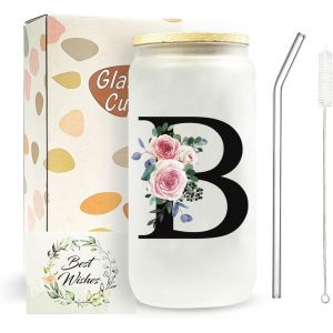 Eryi-Cadeau Personnalisé Pour Femme - Tasse Personnalisée De A À Z Pour Femme Et Amie - Tasse En Verre Avec Couvercle Et Paille - Tasse À Café De Voyage Personnalisée Pour Femme (B) - Neuf
