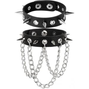 Kal-Bracelet Punk Rock Gothique Manchette À Clou Pointe Chaîne Rivet Cuir Pu Rockeur Homme Femme - Neuf