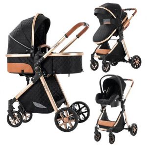 Poussette 3 En 1 Magic Zc Poussette Bebe Poussette De Luxe Pousette Avec Sac À Main Jusqu'à 30kg 0-3ans Avec Grand Panier Noir Or - Neuf