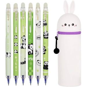MAA-Trousse Ecole 2 en1 en Silicone Souple, 6 panda stylos à encre gel effaçables, Kawaii, Porte-Plume, Fermeture Eclair en Silicone, Pochette de Stylo, stylo gel Noir 0,5 mm, Marqueurs - Neuf