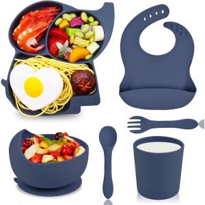 Kal-Assiette B&eacute;b&eacute; Set Avec Ventouse Assiette Bol Cuillere Fourchette Bavoir Tasse 6 Pi&egrave;ces Silicone Sans Bpa Enfant Vaisselle Garcon Fille Coffret Repas Bebe S&eacute;curit&eacute; Lave Vaisselle Micro Onde,Bleu - Neuf