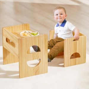SUBZONAL-Ensemble Table et Chaise Montessori &agrave; Hauteur r&eacute;glable pour 1-3 Ans, Ensemble Table et Chaise en Bois Massif, pour b&eacute;b&eacute; pour Lire/Manger/Jouer - Naturel - Neuf