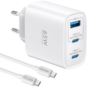 65W USB C Fast Charger,3-Port USB C Plug GaN Tech PD3.0 PPS with 60W Cable for iPhone 16 15 14 13 12 11,Galaxy S25 S24 S23 Note Pixel 9 8 7 iPad MacBook Air Pro M3 M2 M1,White - Neuf