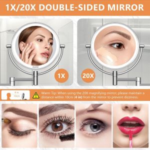 8 Inch Illuminated Magnifying Mirror Wall Mounted X 20, Magnifying Mirror With 3 Colours, 1x/20x Magnification Charge With Eu Plug, Touch Screen, 360&deg; Swivel And Extendable For Bathroom - Neuf