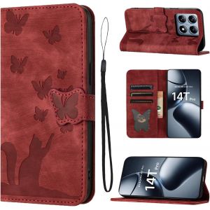 Sansh-Housse Protection Pour Xiaomi 14t Pro 6.67 Pouces Matériau En Cuir Pu Coque Xiaomi 14t Pro Avec Fentes Pour Cartes Coque De Protection Xiaomi 14t Pro Rouge - Neuf