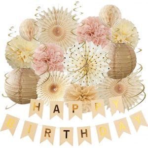 Eryi-Décorations D'anniversaire Rose Poudré - Décorations D'anniversaire Neutres - Style Bohème Beige Poudré - Éventails En Papier - Lanternes En Papier Pour Femme Et Fille - Décoration De Fête Rusti - Neuf