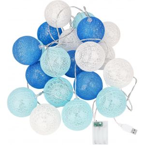 KAL-Guirlande Lumineuse Boule Coton, Interieur Decoration Noël Deco, 3.5M 20Er Led Globe Light, Fille, Princesse, Enfant, Bebe, Chambre Mariage Atmosphera Décorations, (Usb 6Cm Blue) - Neuf