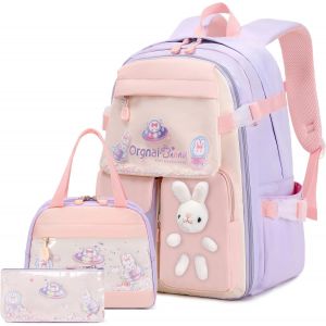 KALSC-Ensemble De 3 Sacs À Dos D'École Pour Filles-Sac À Dos Kawaii Pour Filles-Sac À Dos Avec Boîte À Déjeuner Et Boîte À Crayons-Violet - Neuf