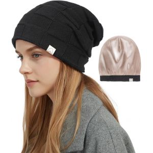 Jexnovashop-Bonnet Tricot&eacute; Pour Femme Homme, Bonnet D'hiver Doubl&eacute; De Satin Pour Cheveux Boucl&eacute;s, Souple Chaud Slouchy Beanie, L&eacute;g&egrave;re, Unisexe - Neuf