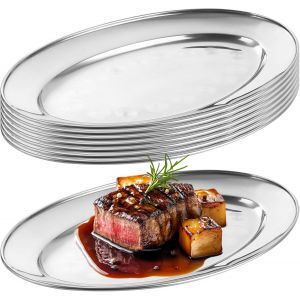 Checarzhn--No1-Lot De 8 Plateaux De Service Ovales En Acier Inoxydable - 34 X 21 Cm - Pour Apéritif, Dîner, Poisson, Fête, Événement, Service De Table, Collation - Neuf