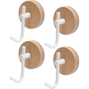 Lot De 4 Crochet Adhésif,Porte Manteau Bois Mural,Accroche Serviette Salle De Bain,Patere Murale En Hêtre Naturel,Pour Entrée,Salon,Cuisine,Chambre,Couloir (Blanc Laiteux) - Neuf