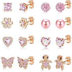 Kalhx-8 Paires Boucles D'oreilles Hypoallergéniques Pour Femmes Filles Acier Inoxydable 316l Multicolore Zircon Cubique Coeur Fleur Tortue Perle Papillon Boucles D'oreilles Ensemble - Neuf