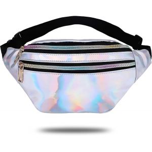CAUC-Sac Banane Femme,Etanche Holographique Sacoche,Cuir PU Sacoche Banane,Sac &agrave; Taille imperm&eacute;able Banane Sacoche Accessoires des Ann&eacute;es 80 90 pour Festival,Rave,Voyage,F&ecirc;te,Sport,Course &agrave; Pied(Arge - Neuf
