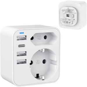 ERYI-6 En 1 Adaptateur Prise Anglaise, Prise Anglaise Adaptateur Francais Avec 2 Prises Et 3 Usb Et 1 Type-C,Adaptateur Prise France Europe Ver Uk,Adaptateur Voyage Pour Uk/Irlande/Malaisie/Maldives. - Neuf