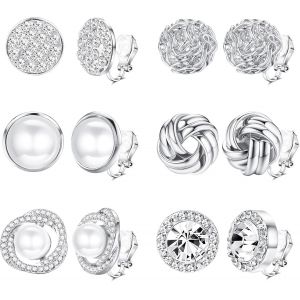 Kal-6 Paires Clip Boucles D'oreilles Zircone Cubique Pearl Knot Twist Snap Clip Boucles D'oreilles Non Perforées Filles Clip Boucles D'oreilles Set - Neuf