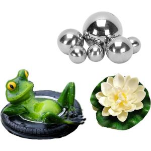 MEVRONISSHOP-Mini Bassin d&eacute;coratif Grenouille Flottante avec 6 Boules argent&eacute;es et 2 Fleurs de Lotus pour Mini &eacute;tang de terrasse Fontaine Solaire pour Jardin (Grenouille sur pneus) - Neuf