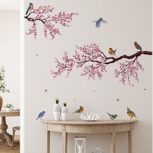 Lot de 2 feuilles d'autocollants muraux en forme de branches de fleurs roses, motifs floraux et oiseaux, pour chambre d'enfant, salon, interrupteurs, fenêtre, arbre, fleurs et oiseaux - Neuf