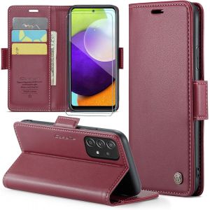 Kal-Coque Pour Samsung Galaxy A52/A52s 5g+ 2 Pi&egrave;ces Verre Tremp&eacute;,Antivol,Prend En Charge Le Chargement Sans Fil, Pochette Fermeture Magn&eacute;tique Flip Case-Bourgogne - Neuf