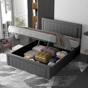 Lit contemporain avec coffre de rangement 160x200cm en velours gris NASHVILLE - Neuf