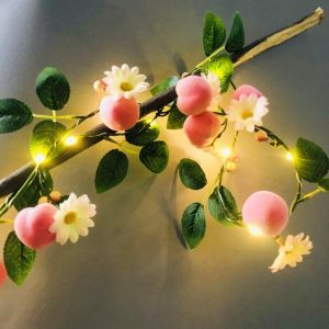 KAL-Guirlande Lumineuse En Forme De Pêche - 2 M - 20 Led - Guirlande De Fleurs Artificielles Décoratives - Pour La Maison, Le Mariage, Noël (C-Fleur Rose Pêche) - Neuf