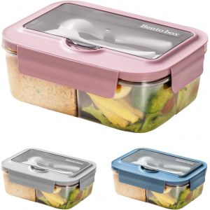 Bento Lunch Box Micro Ondable,1400ml Boite Repas Avec 3 Compartiments Et Couverts,Boite À Lunch Pour Pique-Nique,Travail,Écoles,Camping Et Fitness (Rose) - Neuf