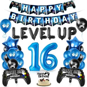 ERYI-Décoration De Jeux Vidéo Ballons 16 Ans, Anniversaire Gamer 16 Ans, Ballon Manette De Jeux, Ballon Bleu Noir, Happy Birthday Bannière, Décoration De Fête D'Anniversaire - Neuf