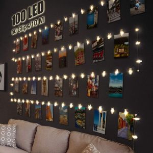 KAL-10M 100Led Guirlande Photo Lumineuse, Guirlande Lumineuse Photo Chambre Batterie Alimenté Avec 60 Photo Clips Decoration Interieur Blanc Chaud - Neuf