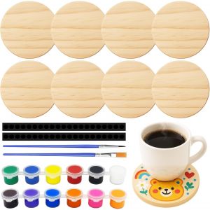 Tianyi-8 Pièces Dessous De Verre Bois Rond, Sous Verre Bois Ronds 10cm, Dessous De Verre En Bois Brut Avec Point De Colle Antidérapant, 2ml De Peinture 12 Couleurs, 2 Pinceaux Pour Boissons Peinture - Neuf